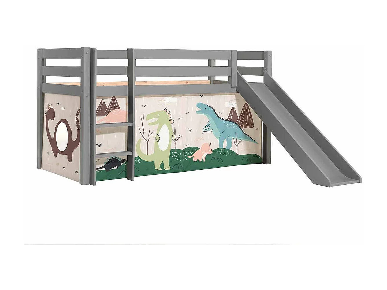 Lit Enfant Surélevé Avec Toboggan "Pino Dino" 90x200cm Gris