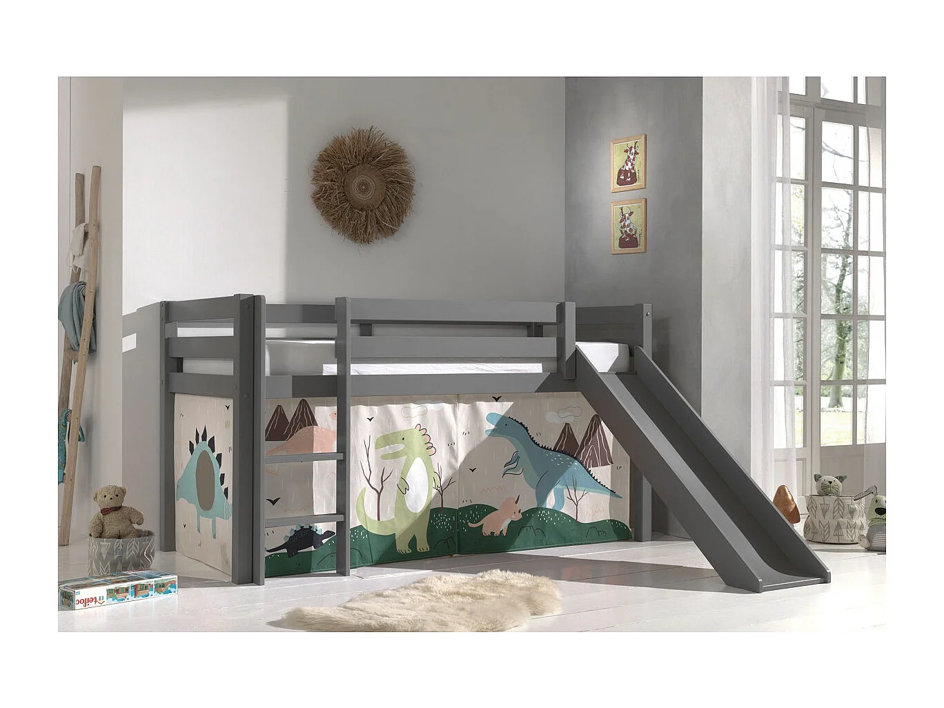 Lit Enfant Surélevé Avec Toboggan "Pino Dino" 90x200cm Gris