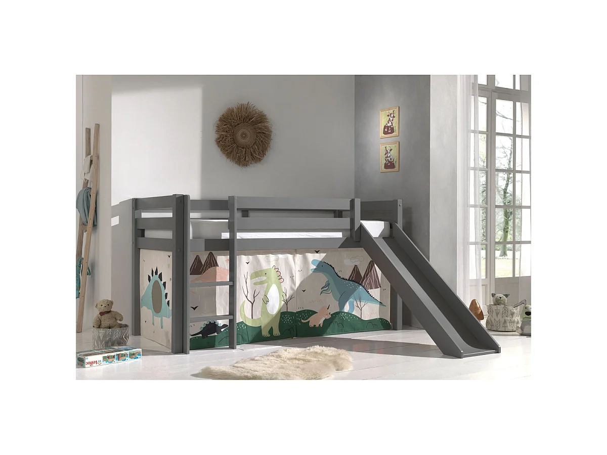 Glijbed 90x200 cm met dinosaurustent massief grenen grijs Pino