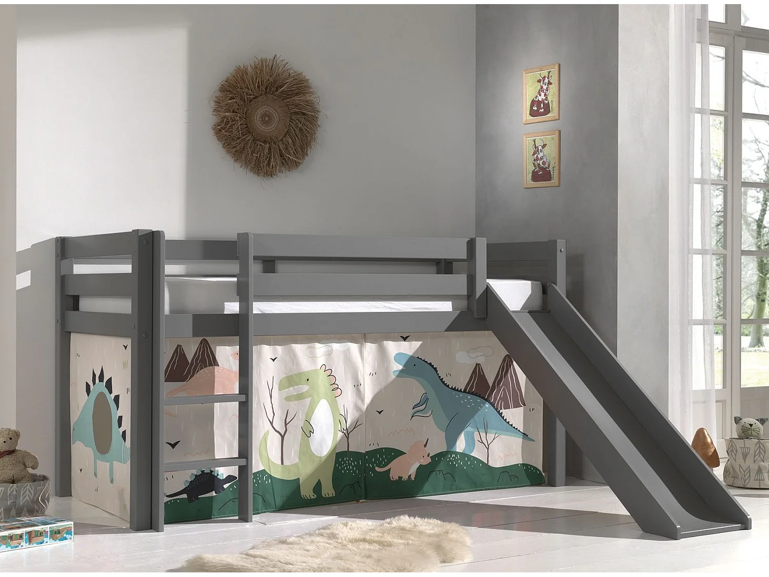 Glijbed 90x200 cm met dinosaurustent massief grenen grijs Pino
