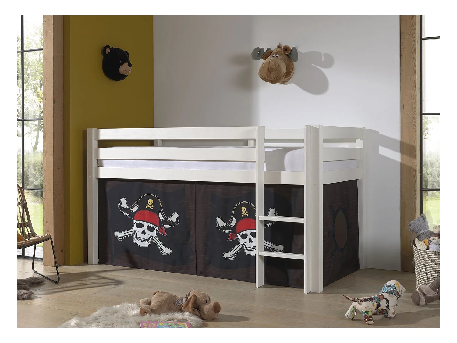 Pirata Vipack Pino Bianco 90x200 Letto a mezza altezza con rete e rivestimento