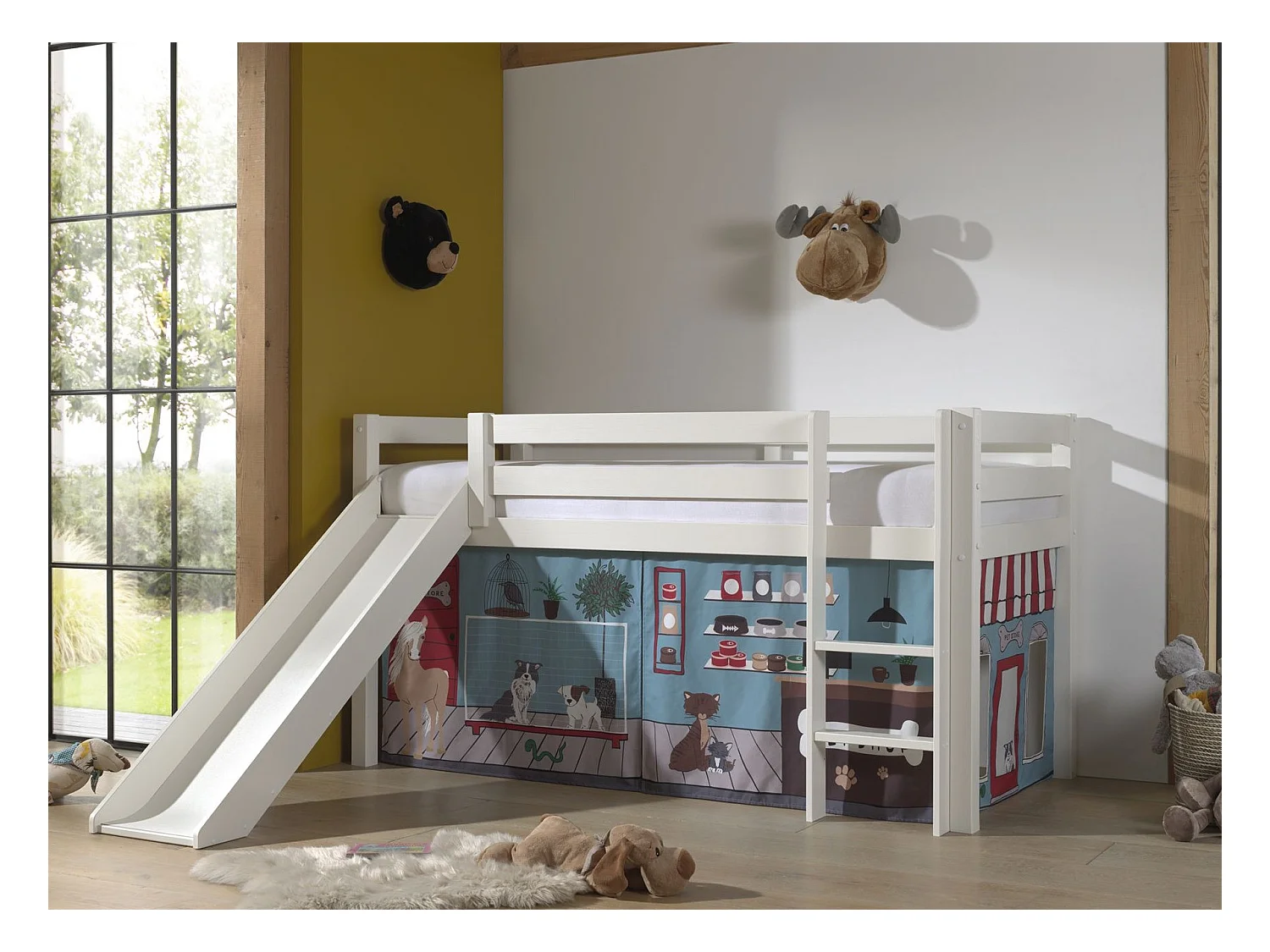 Letto basso 90x200 Slide compreso di copertina Pet Shop Vipack Pino Bianco