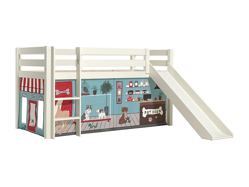 Lit Enfant Surélevé Avec Toboggan "Pino Pet Shop" 90x200cm Blanc