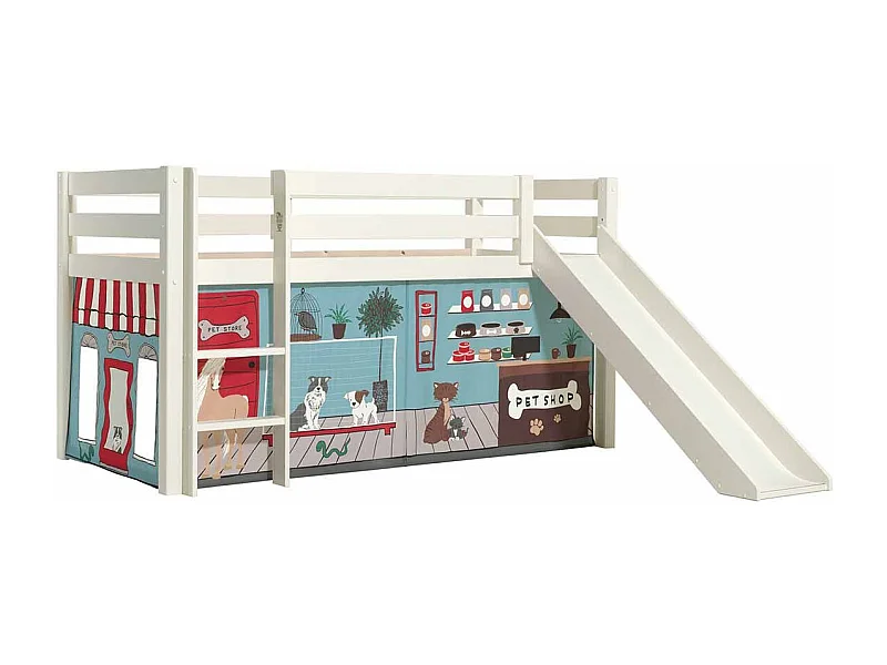 Lit Enfant Surélevé Avec Toboggan "Pino Pet Shop" 90x200cm Blanc