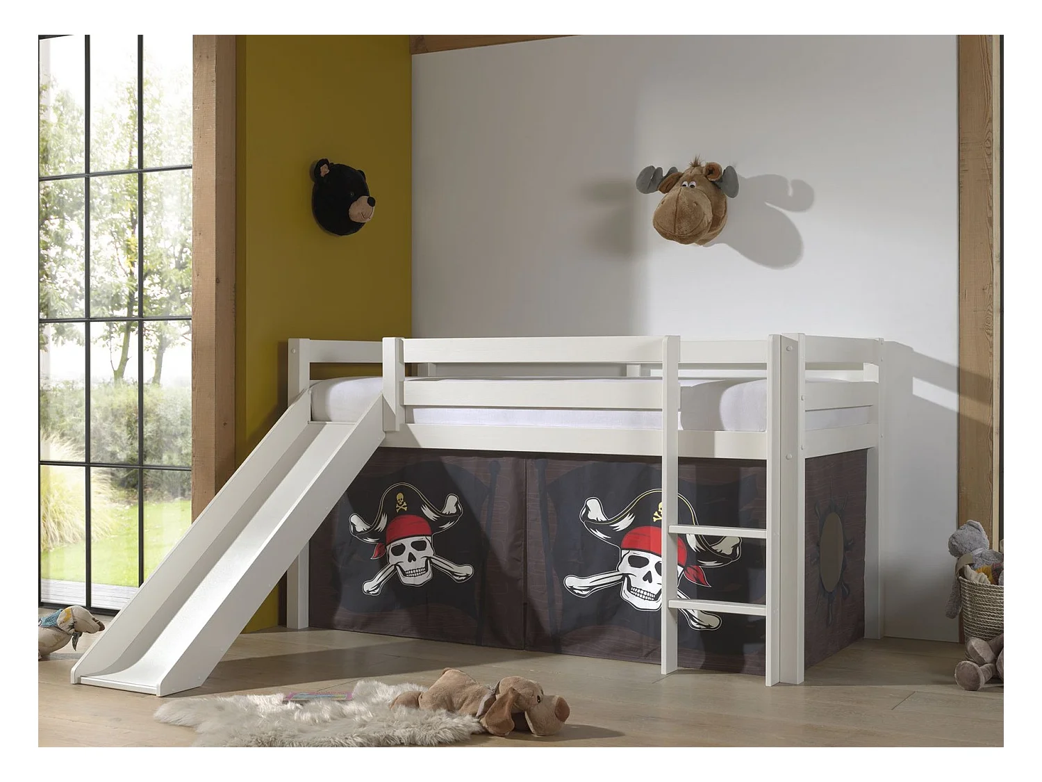 Cama de 90x200 Mi-Height Pirate Vipack Pino Branco com escorrega e cobertura