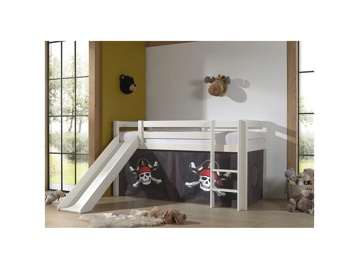 Cama slide 90x200 cm con tienda pirata marrón pino macizo blanco Pino