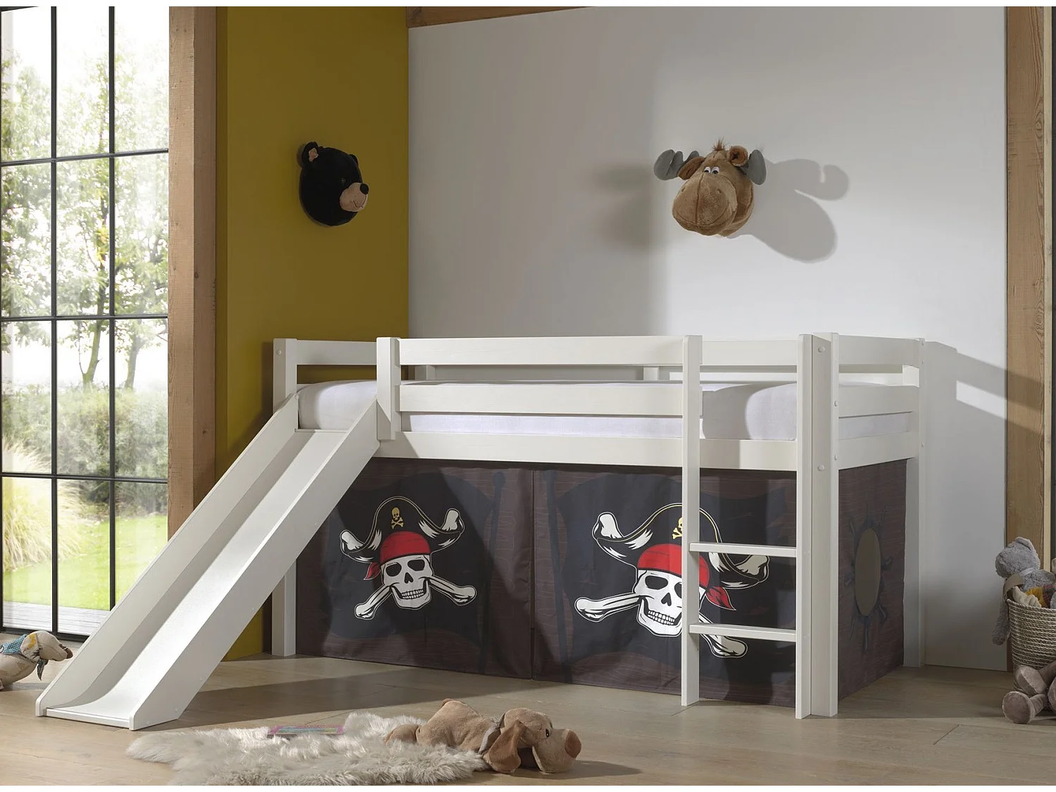 Cama slide 90x200 cm con tienda pirata marrón pino macizo blanco Pino
