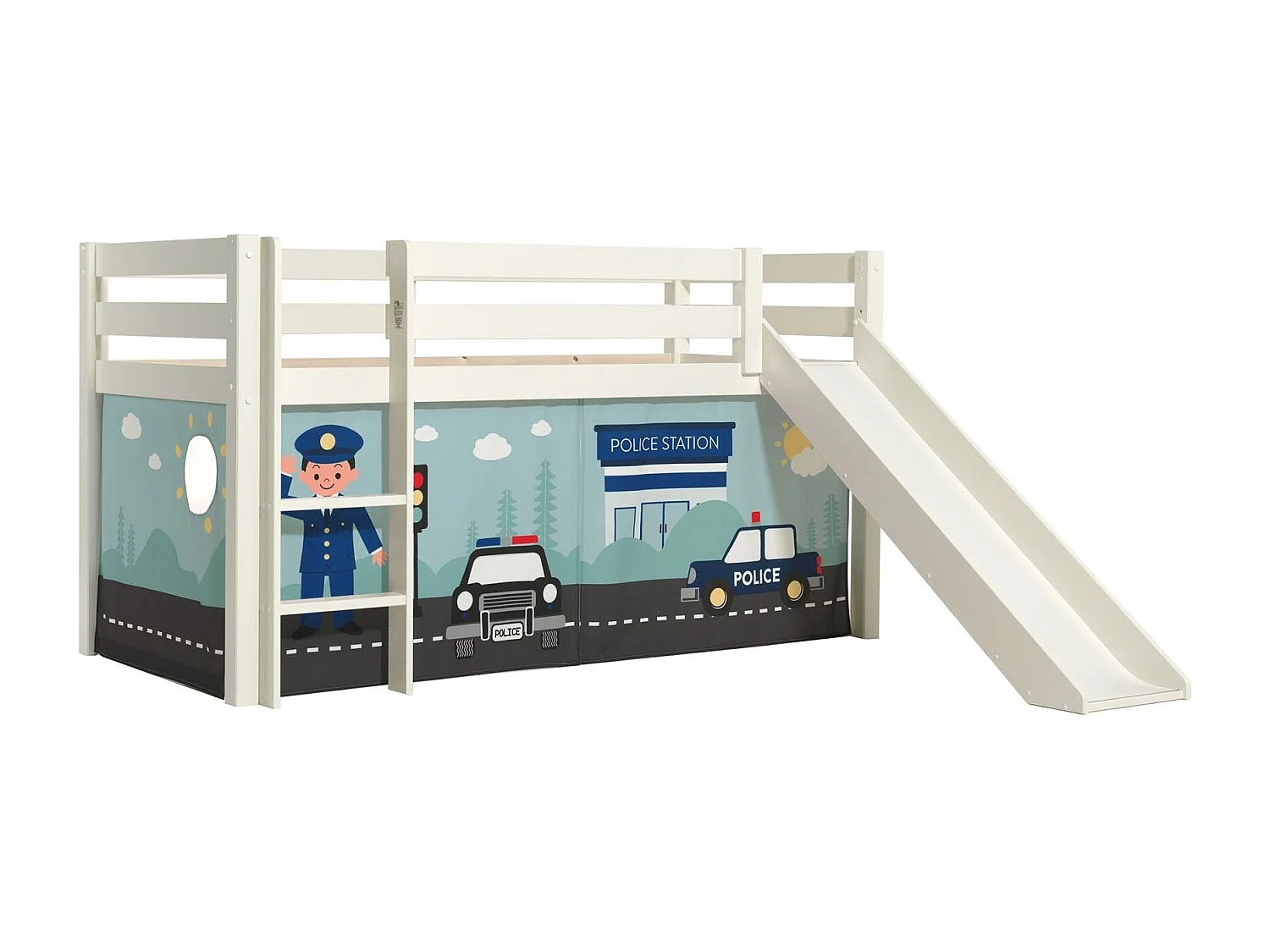 Lit Enfant Surélevé Avec Toboggan "Pino Police" 90x200cm Blanc