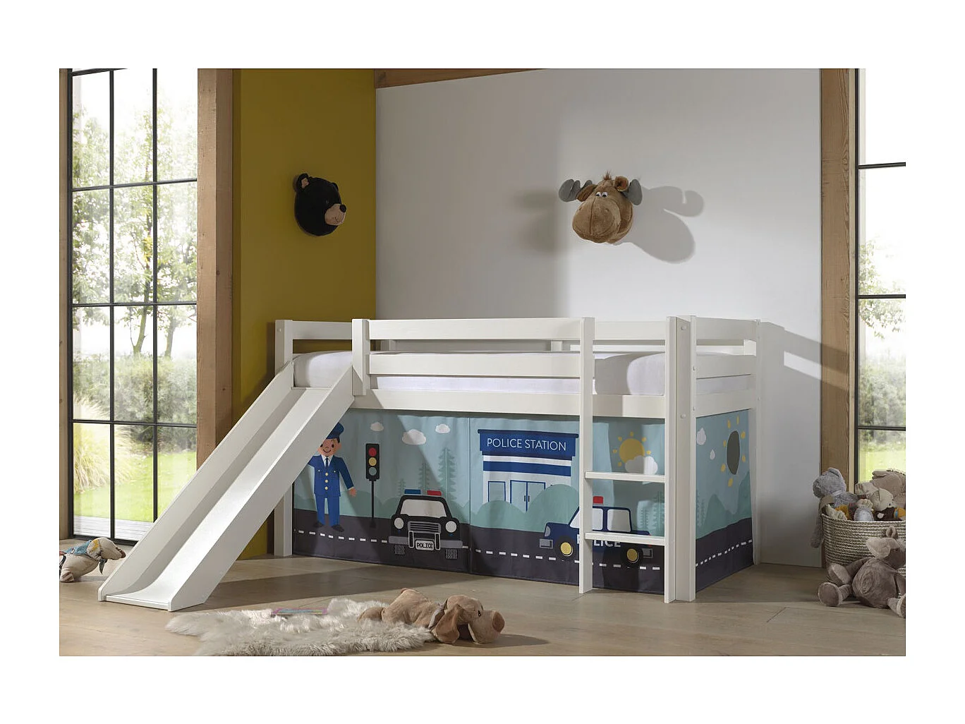 Lit Enfant Surélevé Avec Toboggan "Pino Police" 90x200cm Blanc