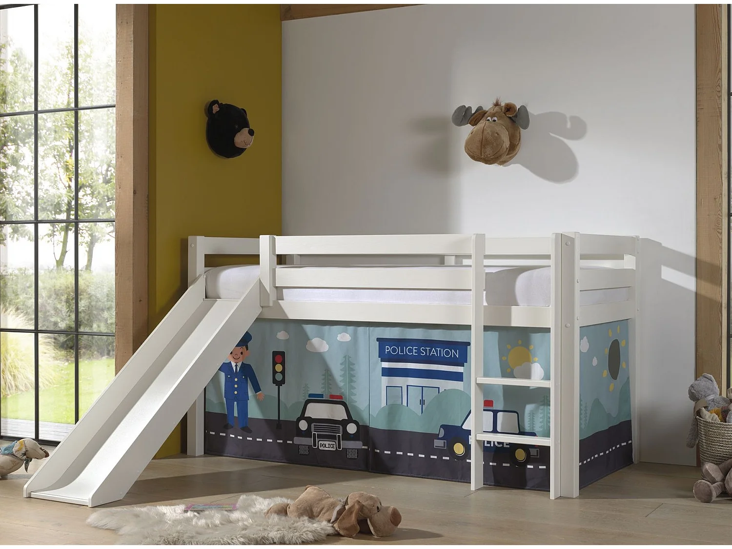 Lit Enfant Surélevé Avec Toboggan "Pino Police" 90x200cm Blanc