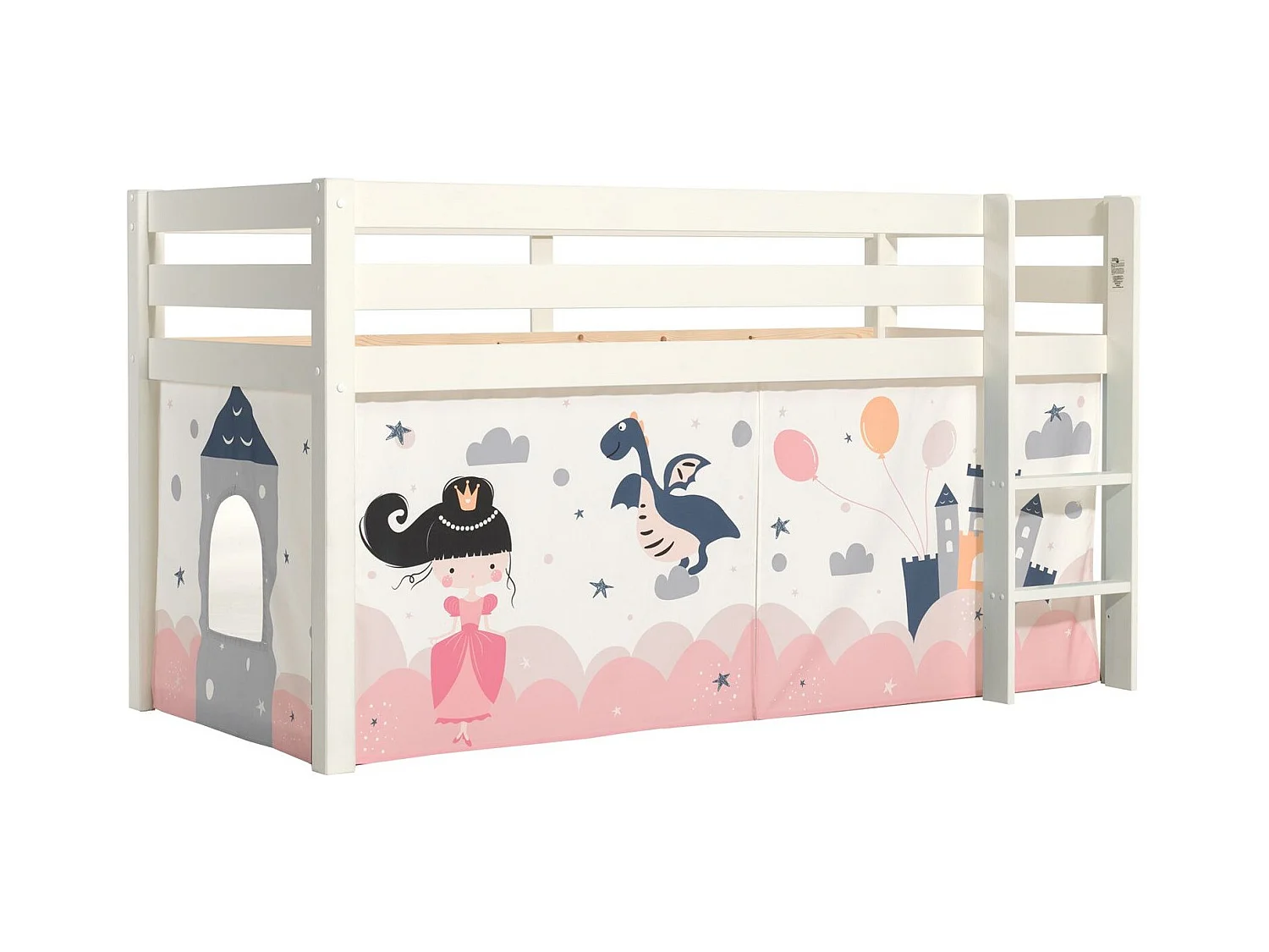 90x200 Letto Mi-Height con materasso e rivestimento Fairy Vipack Pino Bianco