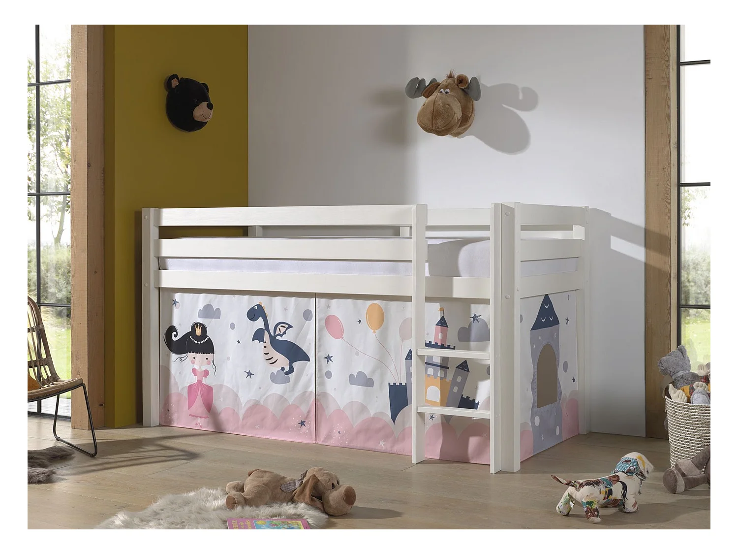 90x200 Letto Mi-Height con materasso e rivestimento Fairy Vipack Pino Bianco