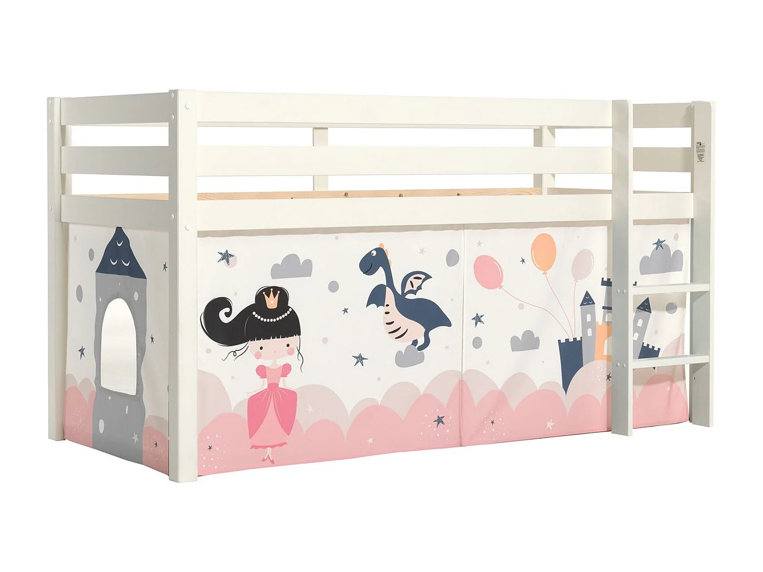 90x200 cm mezzaninebed met witte massief grenen kasteeltent Pino