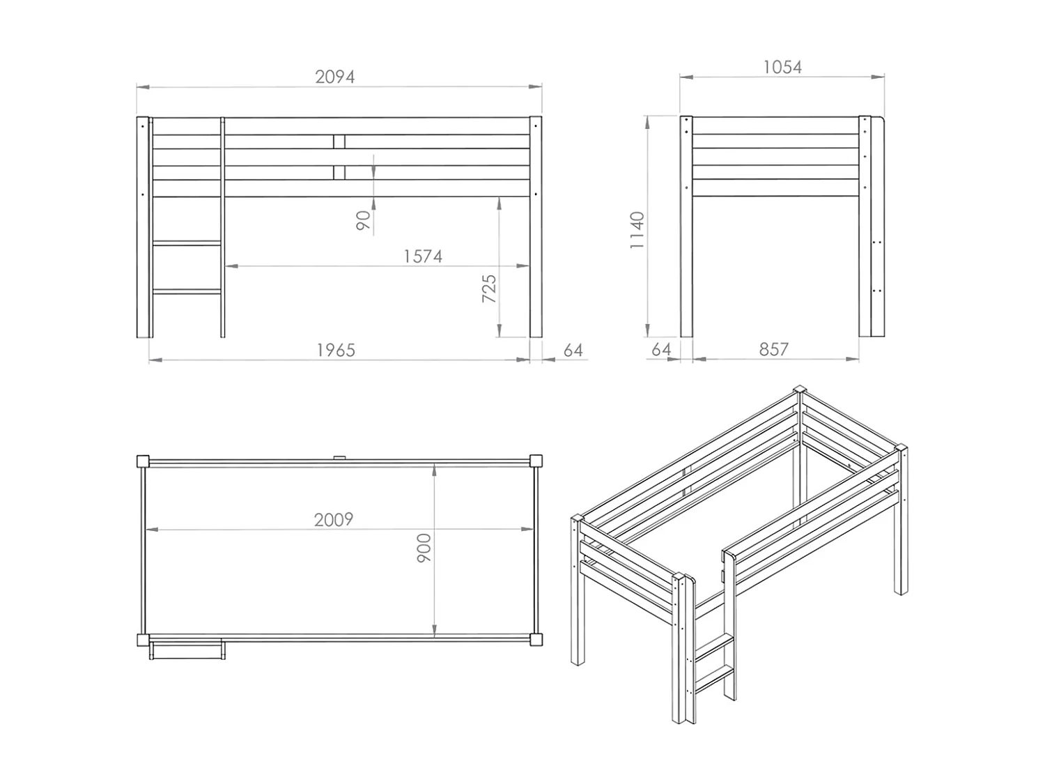 90x200 cm mezzaninebed met witte massief grenen kasteeltent Pino