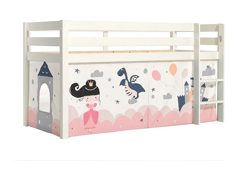 90x200 Letto Mi-Height con materasso e rivestimento Fairy Vipack Pino Bianco