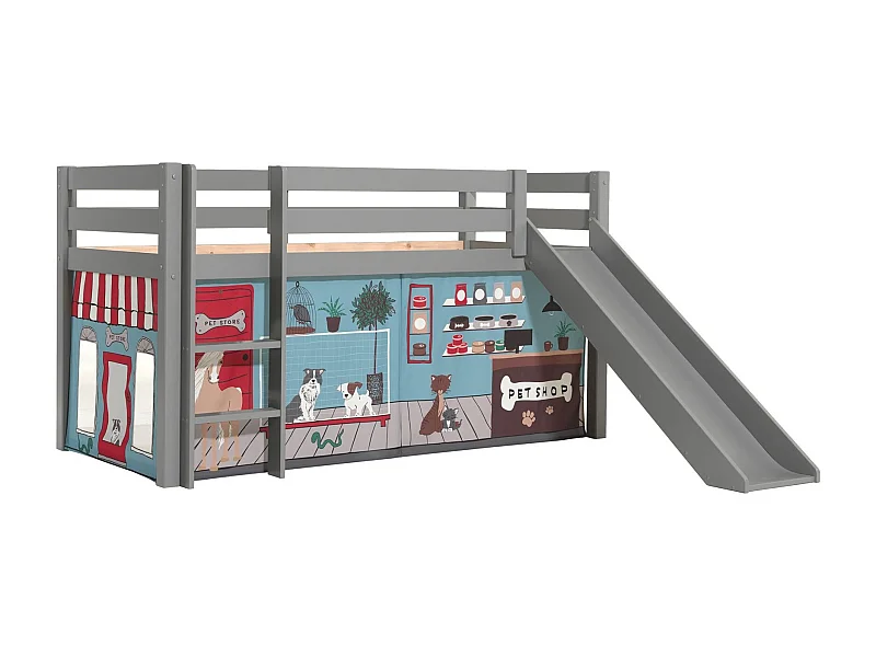 Lit Enfant Surélevé Avec Toboggan "Pino Pet Shop" 90x200cm Gris