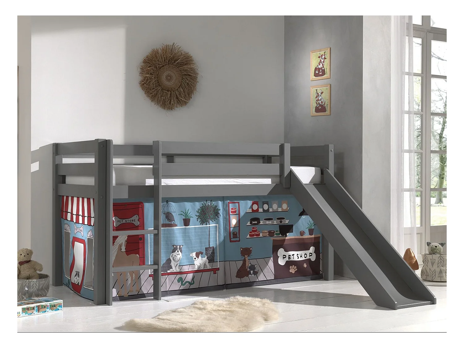 Glijbed 90x200 cm met grijs massief grenen dierentent Pino