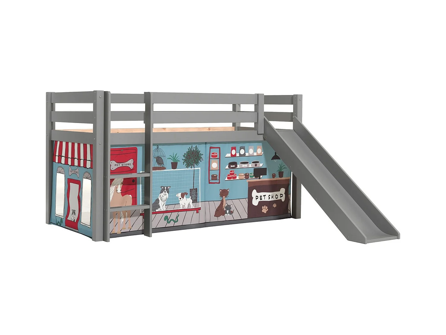 Lit Enfant Surélevé Avec Toboggan "Pino Pet Shop" 90x200cm Gris