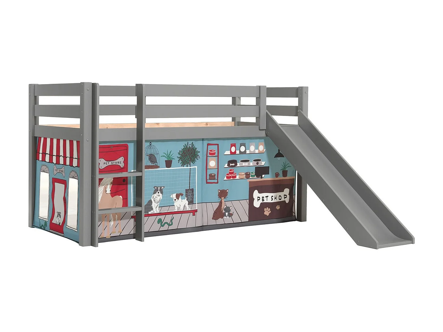 Lit Enfant Surélevé Avec Toboggan "Pino Pet Shop" 90x200cm Gris