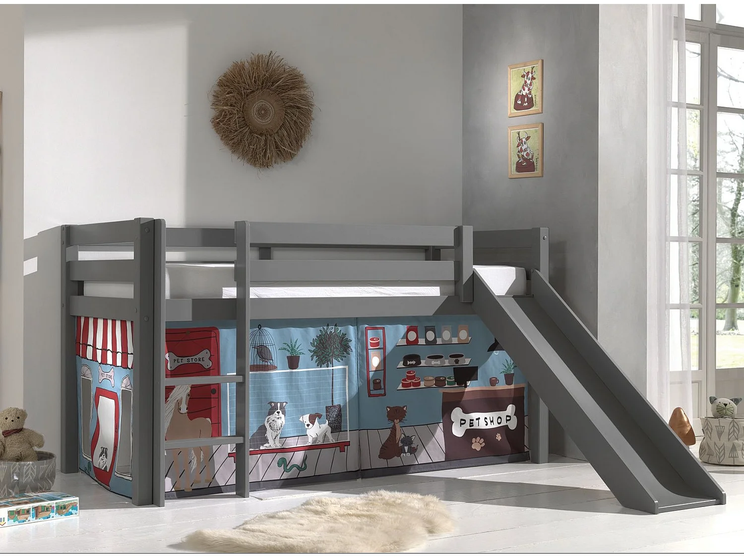 Lit Enfant Surélevé Avec Toboggan "Pino Pet Shop" 90x200cm Gris