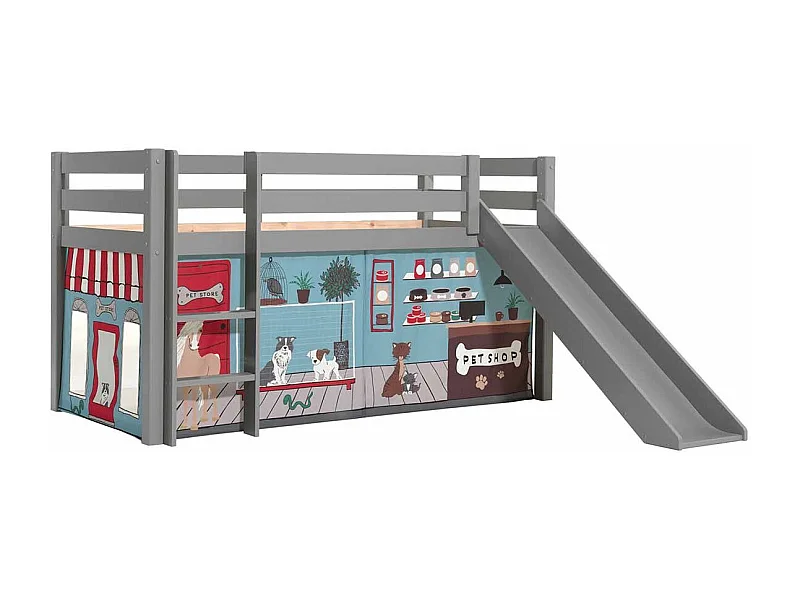 Lit Enfant Surélevé Avec Toboggan "Pino Pet Shop" 90x200cm Gris