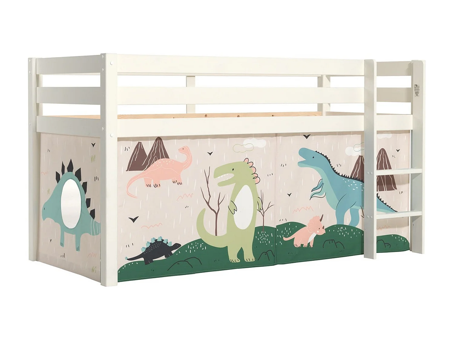 Hoogslaper 90x200 cm met witte massief grenen dinosaurustent Pino