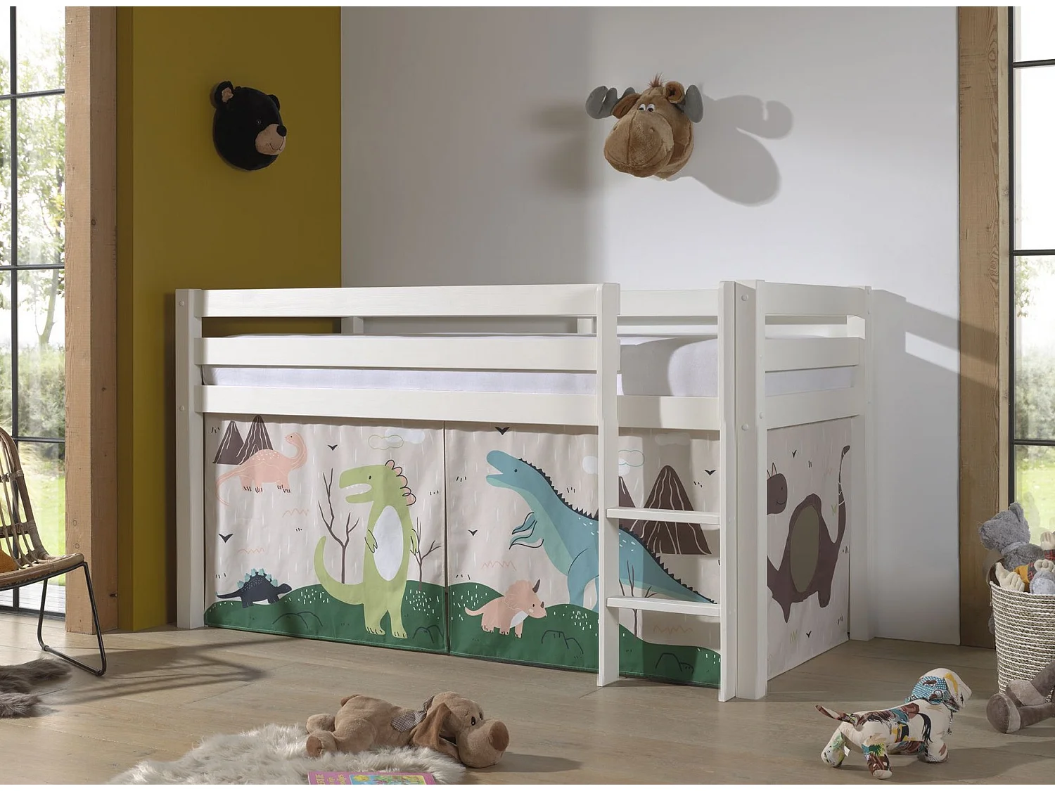 Hoogslaper 90x200 cm met witte massief grenen dinosaurustent Pino