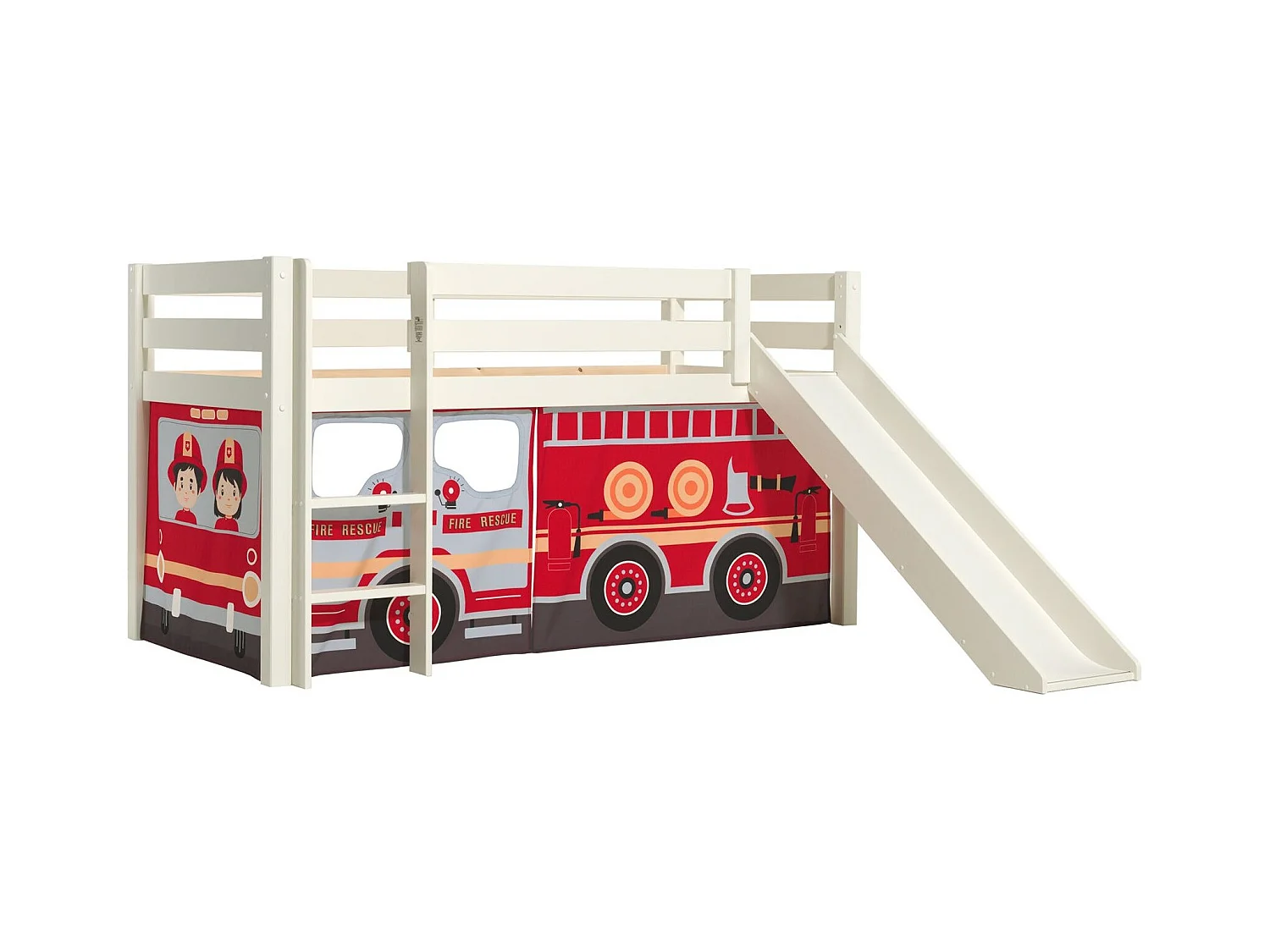 Lit Enfant Surélevé Avec Toboggan "Pino Fire Truck" 90x200cm Blanc