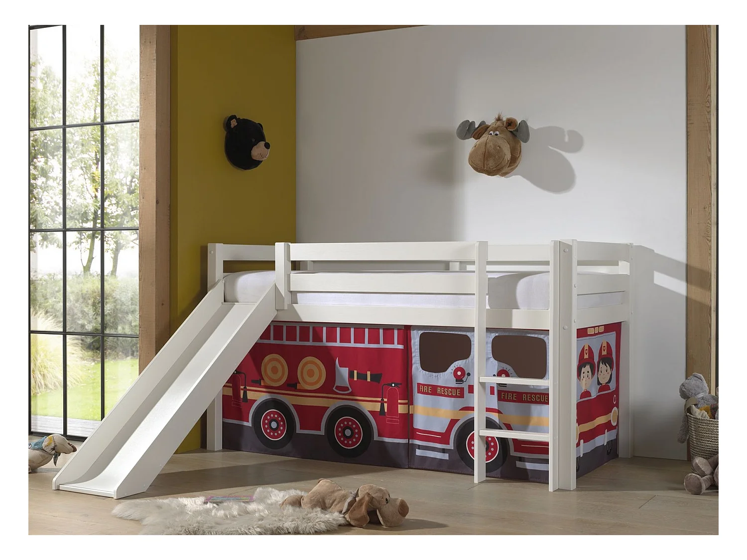 Lit Enfant Surélevé Avec Toboggan "Pino Fire Truck" 90x200cm Blanc