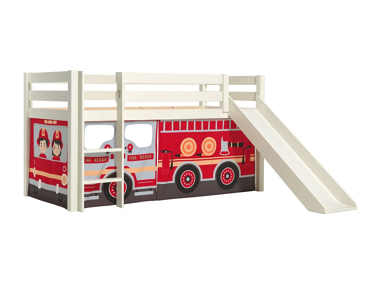 Lit Enfant Surélevé Avec Toboggan "Pino Fire Truck" 90x200cm Blanc