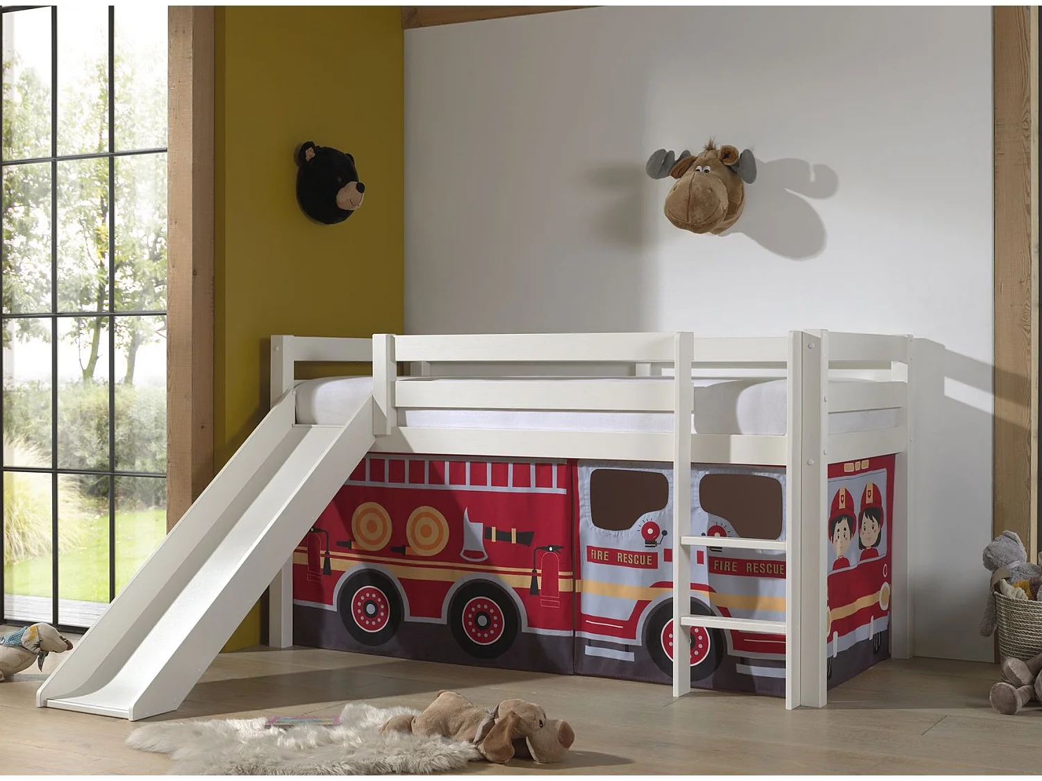 Lit Enfant Surélevé Avec Toboggan "Pino Fire Truck" 90x200cm Blanc