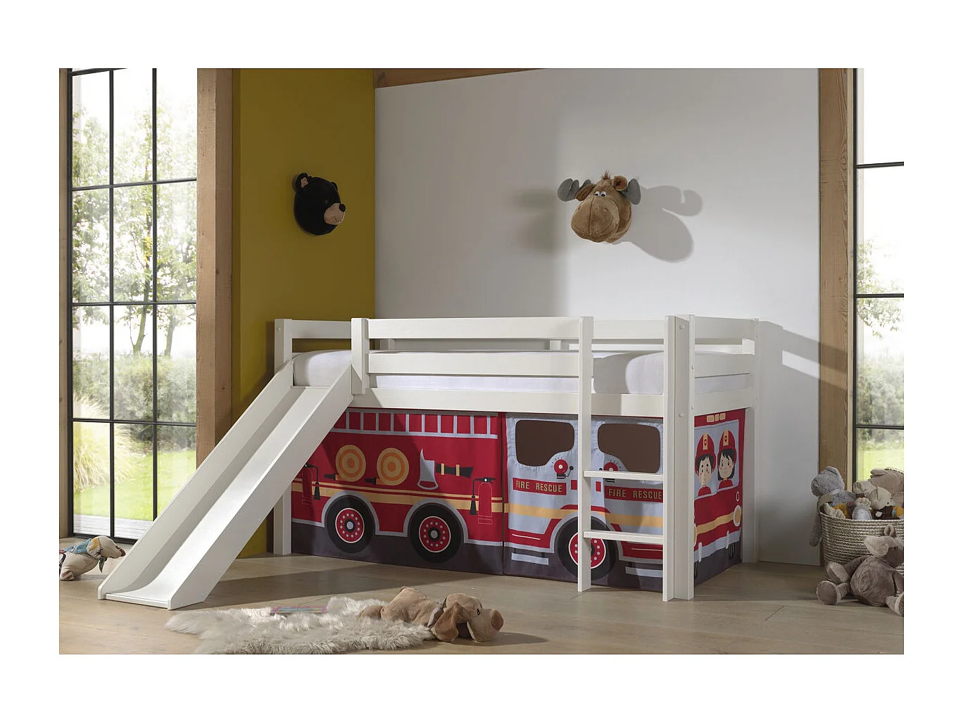 Lit Enfant Surélevé Avec Toboggan "Pino Fire Truck" 90x200cm Blanc