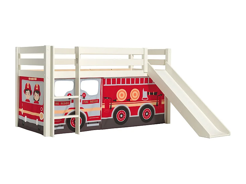 Lit Enfant Surélevé Avec Toboggan "Pino Fire Truck" 90x200cm Blanc