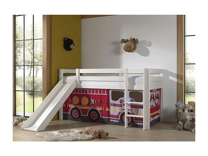 Lit Enfant Surélevé Avec Toboggan "Pino Fire Truck" 90x200cm Blanc
