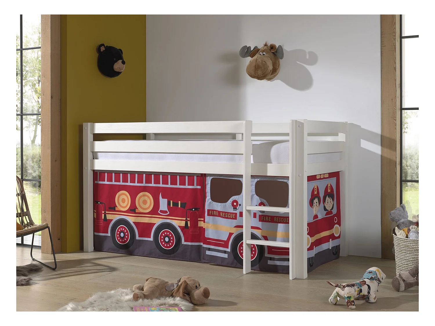 Cama altillo 90x200 cm con carpa de bomberos de pino macizo blanco Pino