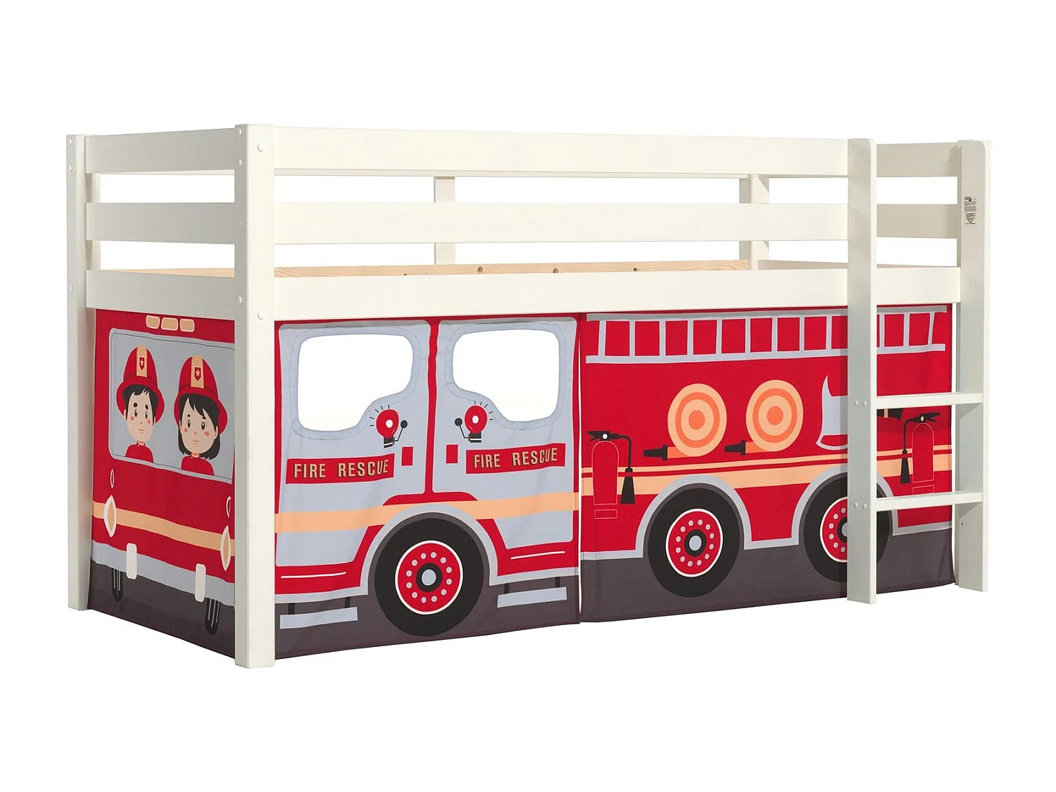 Mezzaninebed 90x200 cm met witte massief grenen brandweerwagentent Pino