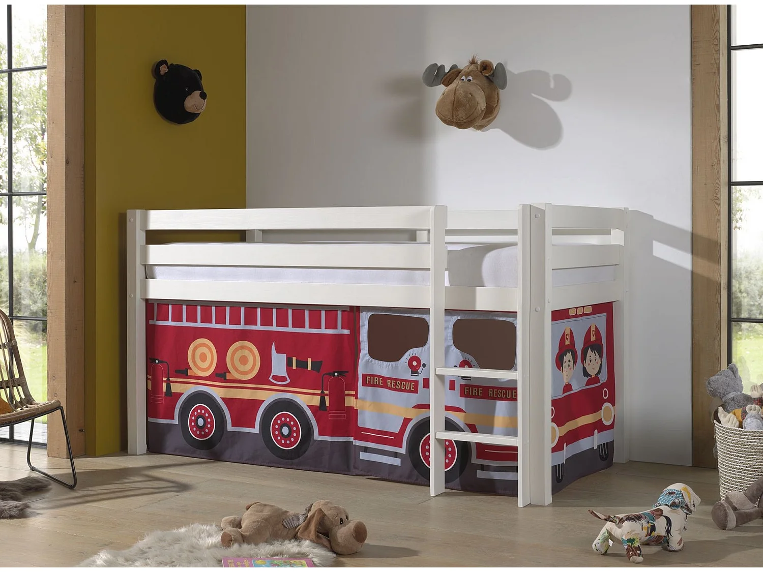 Mezzaninebed 90x200 cm met witte massief grenen brandweerwagentent Pino