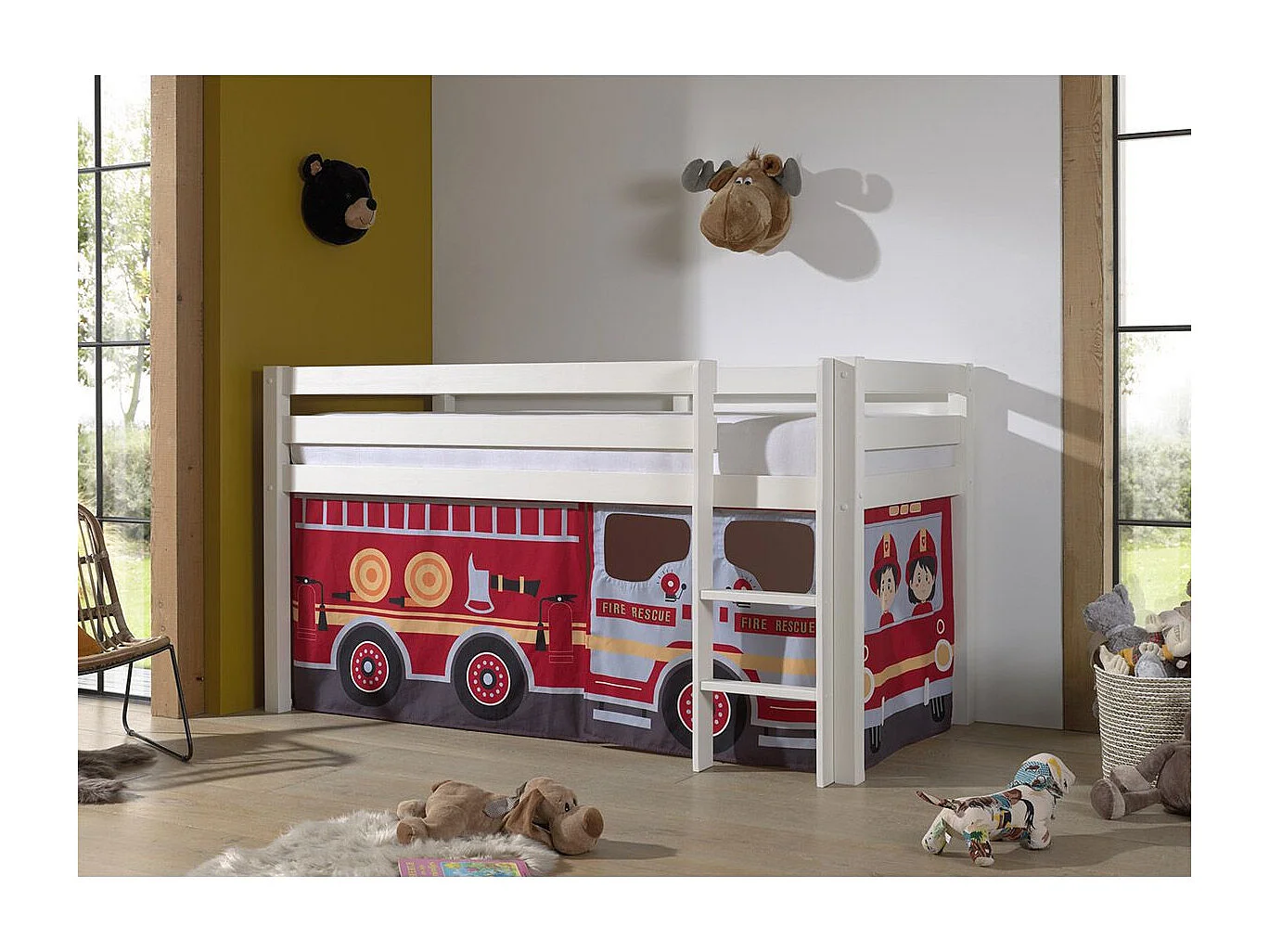 Vipack Pino Mi-Haute Letto 90x200 compreso di molle Pompier rivestimento Bianco