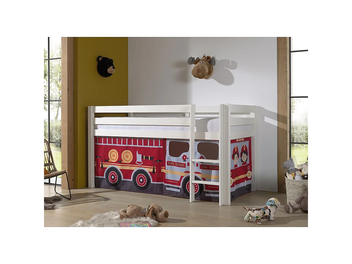 Lit Enfant Surélevé "Pino Fire Truck" 90x200cm Blanc