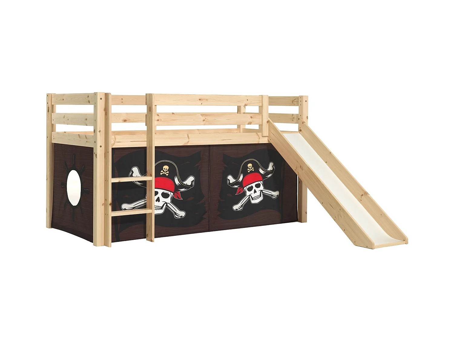 Lit Enfant Surélevé Avec Toboggan "Pino Caribian Pirates" 90x200cm Naturel
