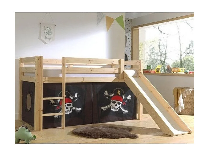 Cama slide 90x200 cm con tienda pirata de pino macizo claro marrón Pino