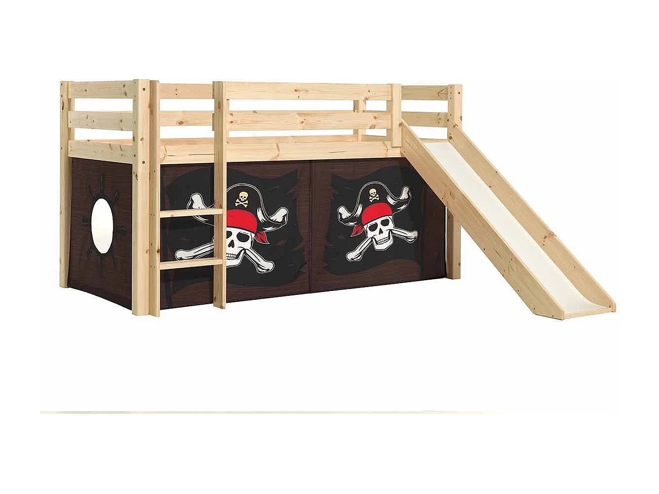 Lit Enfant Surélevé Avec Toboggan "Pino Caribian Pirates" 90x200cm Naturel