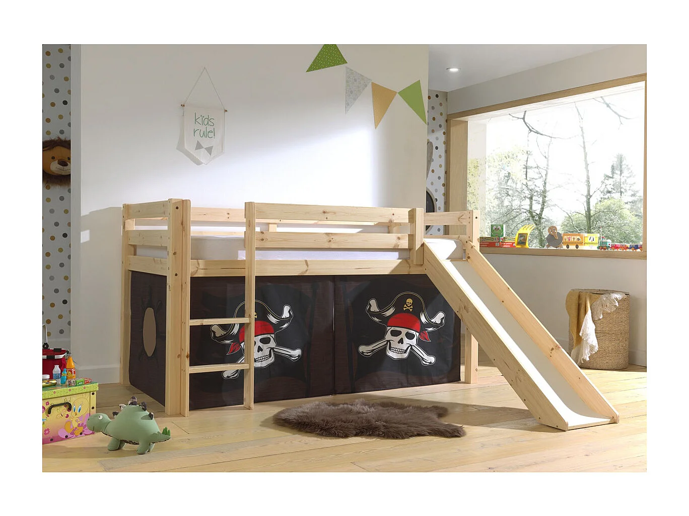 Lit Enfant Surélevé Avec Toboggan "Pino Caribian Pirates" 90x200cm Naturel