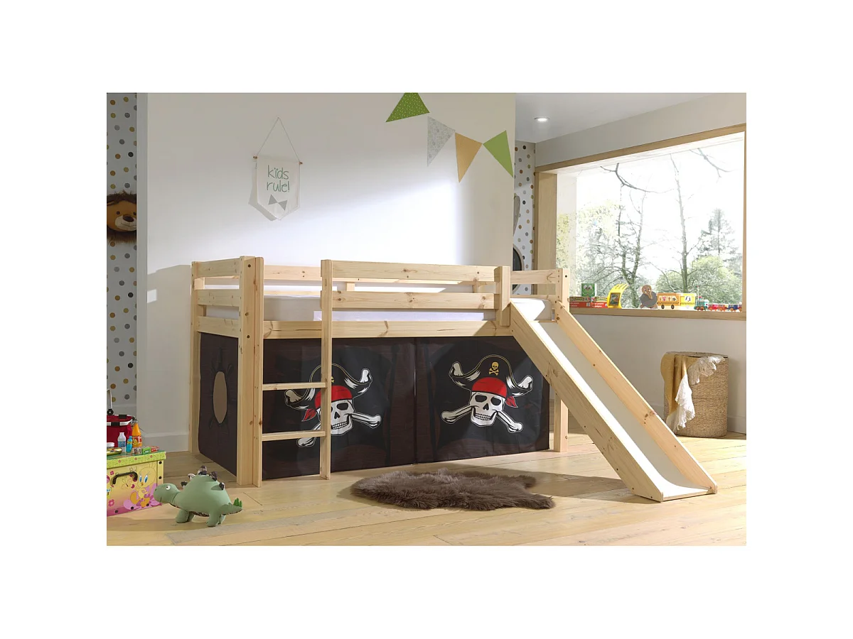 Cama slide 90x200 cm con tienda pirata de pino macizo claro marrón Pino
