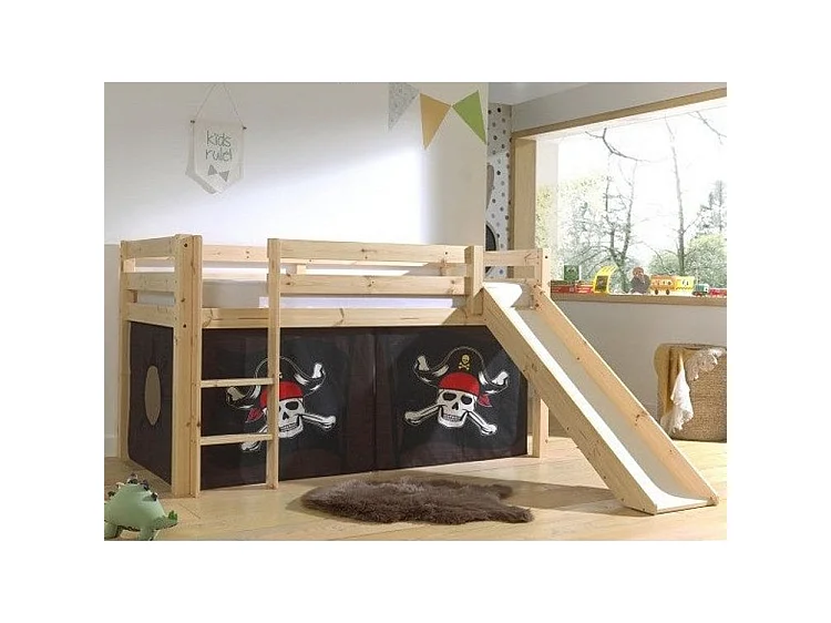 Cama slide 90x200 cm con tienda pirata de pino macizo claro marrón Pino
