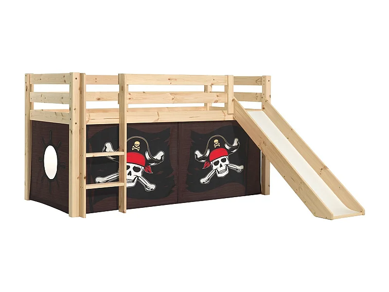 Lit Enfant Surélevé Avec Toboggan "Pino Caribian Pirates" 90x200cm Naturel
