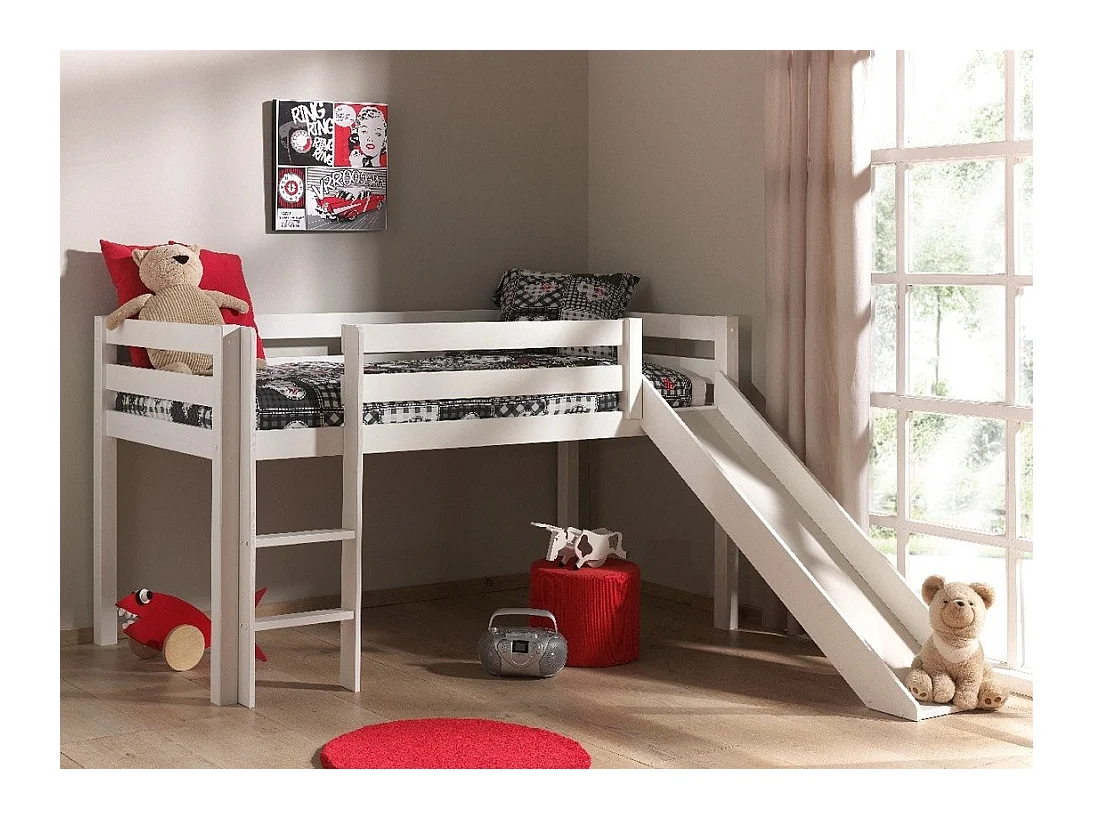 Lit Enfant Surélevé Avec Toboggan "Pino" 90x200cm Blanc