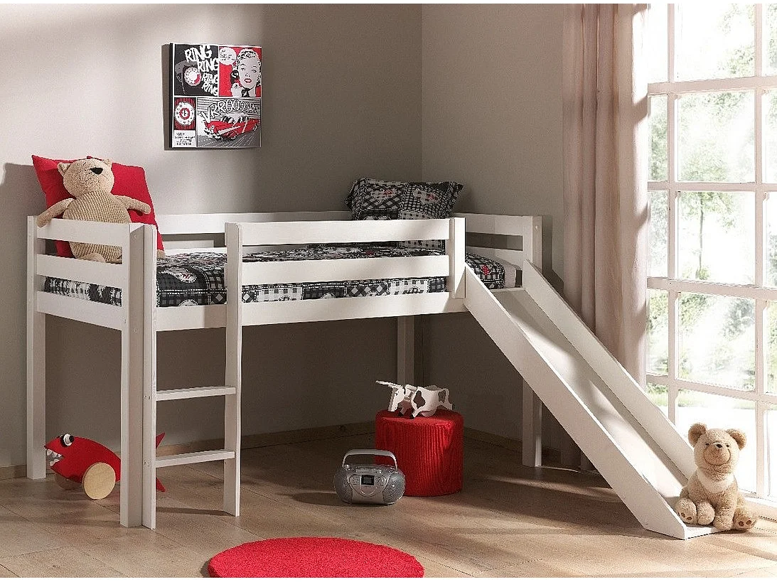 Lit Enfant Surélevé Avec Toboggan "Pino" 90x200cm Blanc