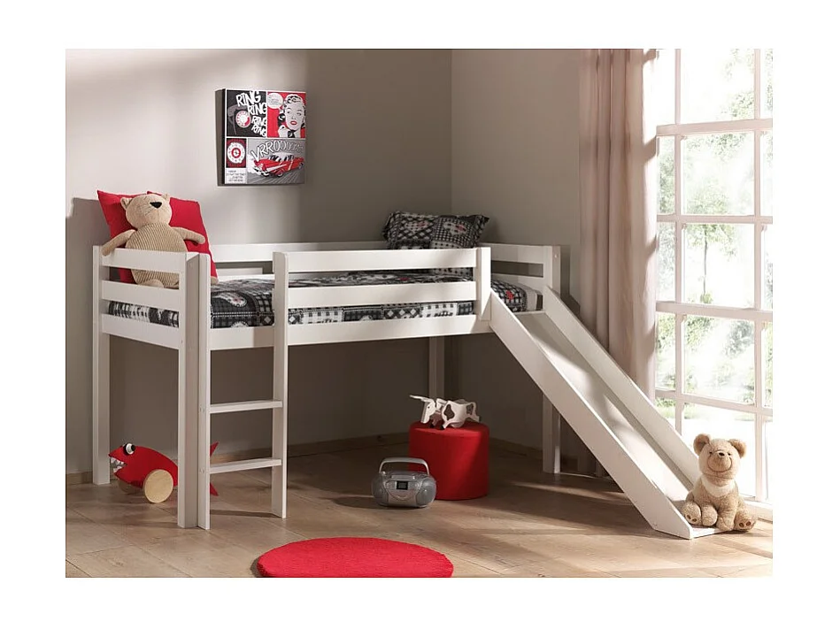 Lit Enfant Surélevé Avec Toboggan "Pino" 90x200cm Blanc