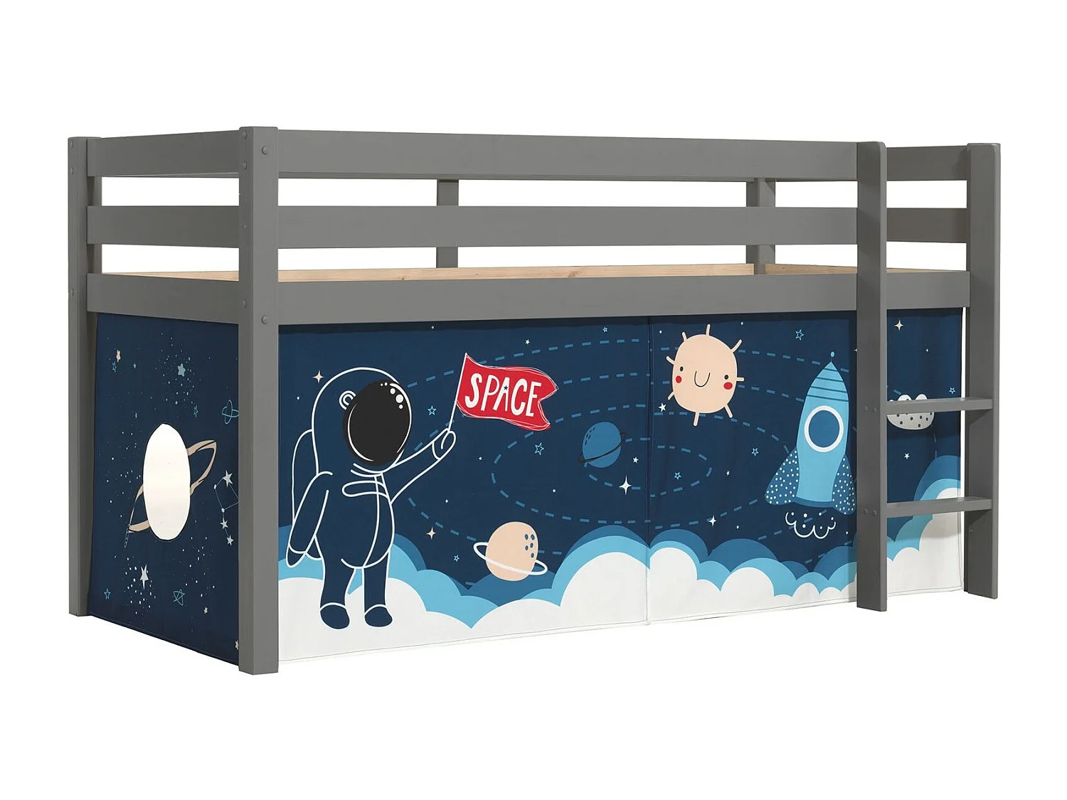 Cama alta 90x200 cm con tienda astronauta pino macizo gris Pino